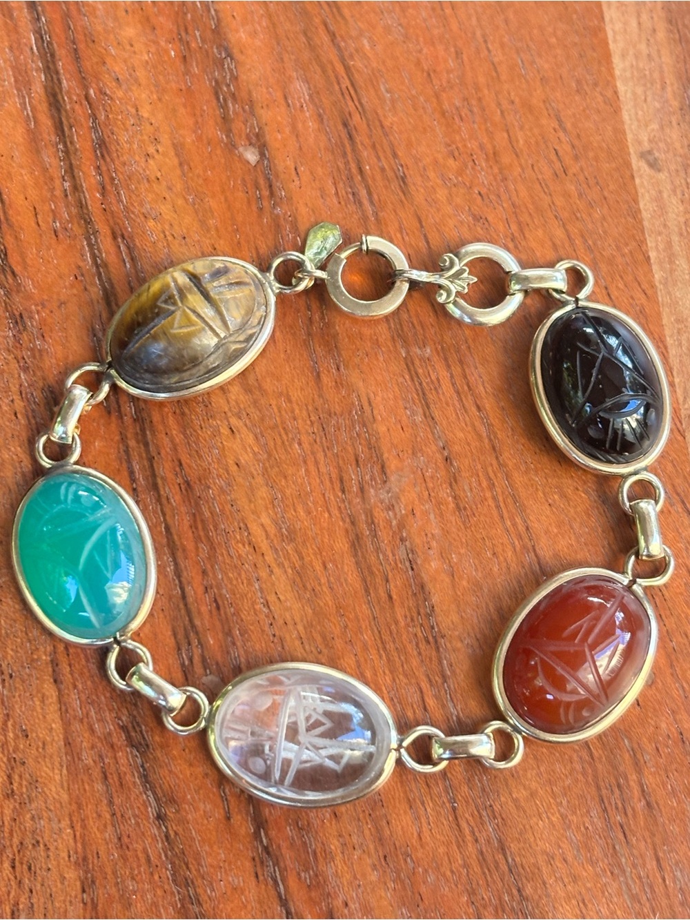 Vintage 12K Gold Filled Scarab Bracelet 7” Multicolor Carved Gemstones